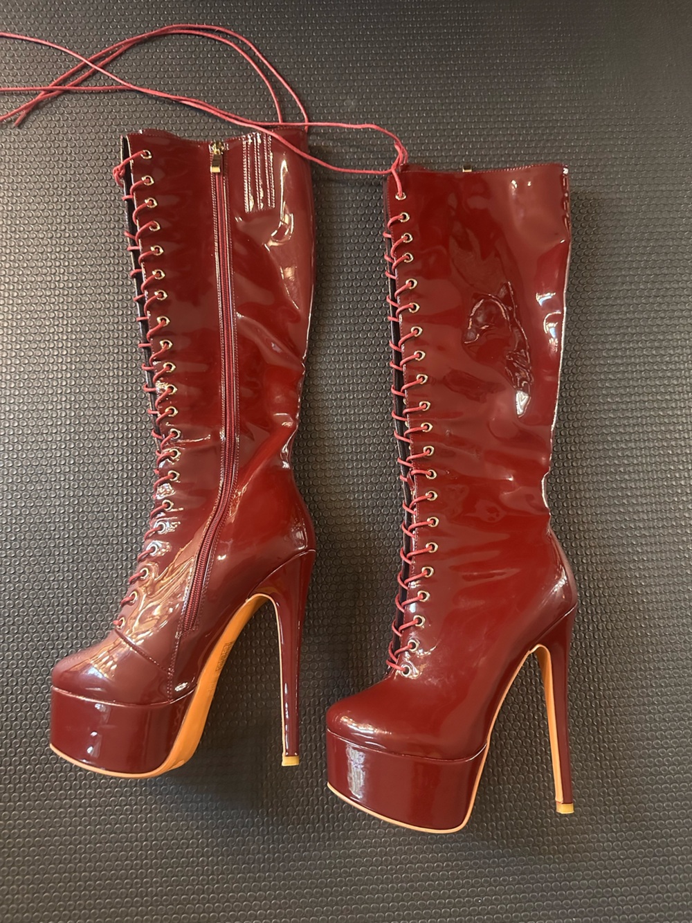 New Burgundy Patent leather Knee-High Lace-Up Platform Boots